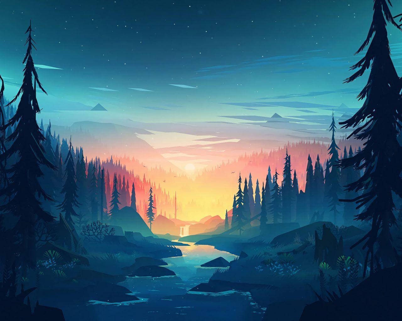 1280x1024 Minimal Minimalist Nature Sunrise River 8K Wallpaper