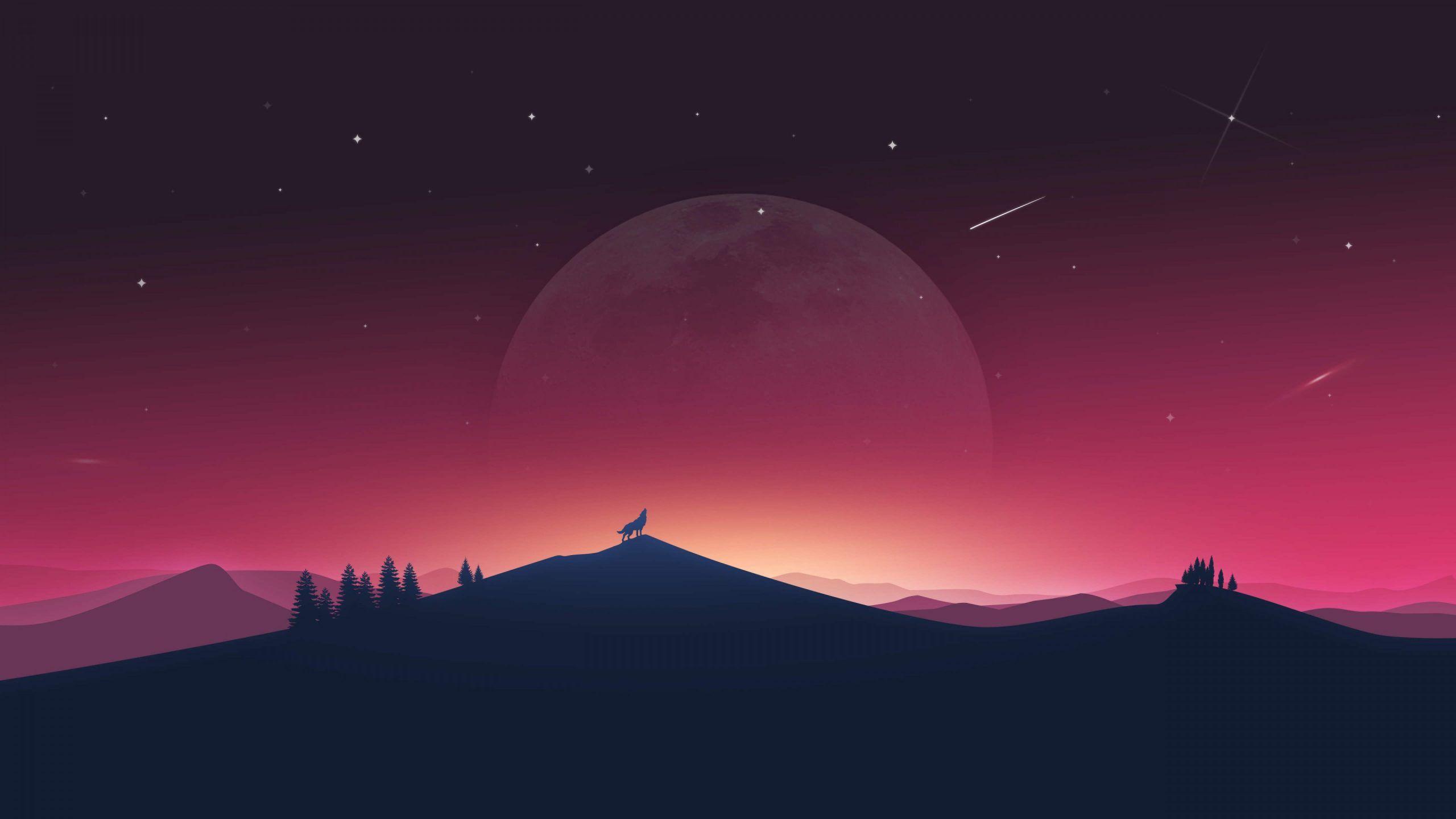 2560x1440 Wolf Howling to Moon Minimal 4K Wallpaper