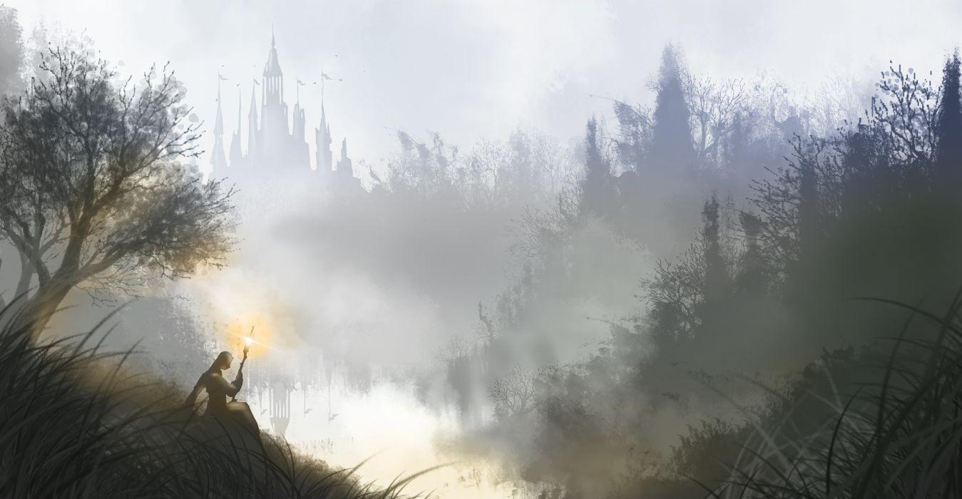 1349x700 Fantastic world castle landscape fog lake wallpaperx2574