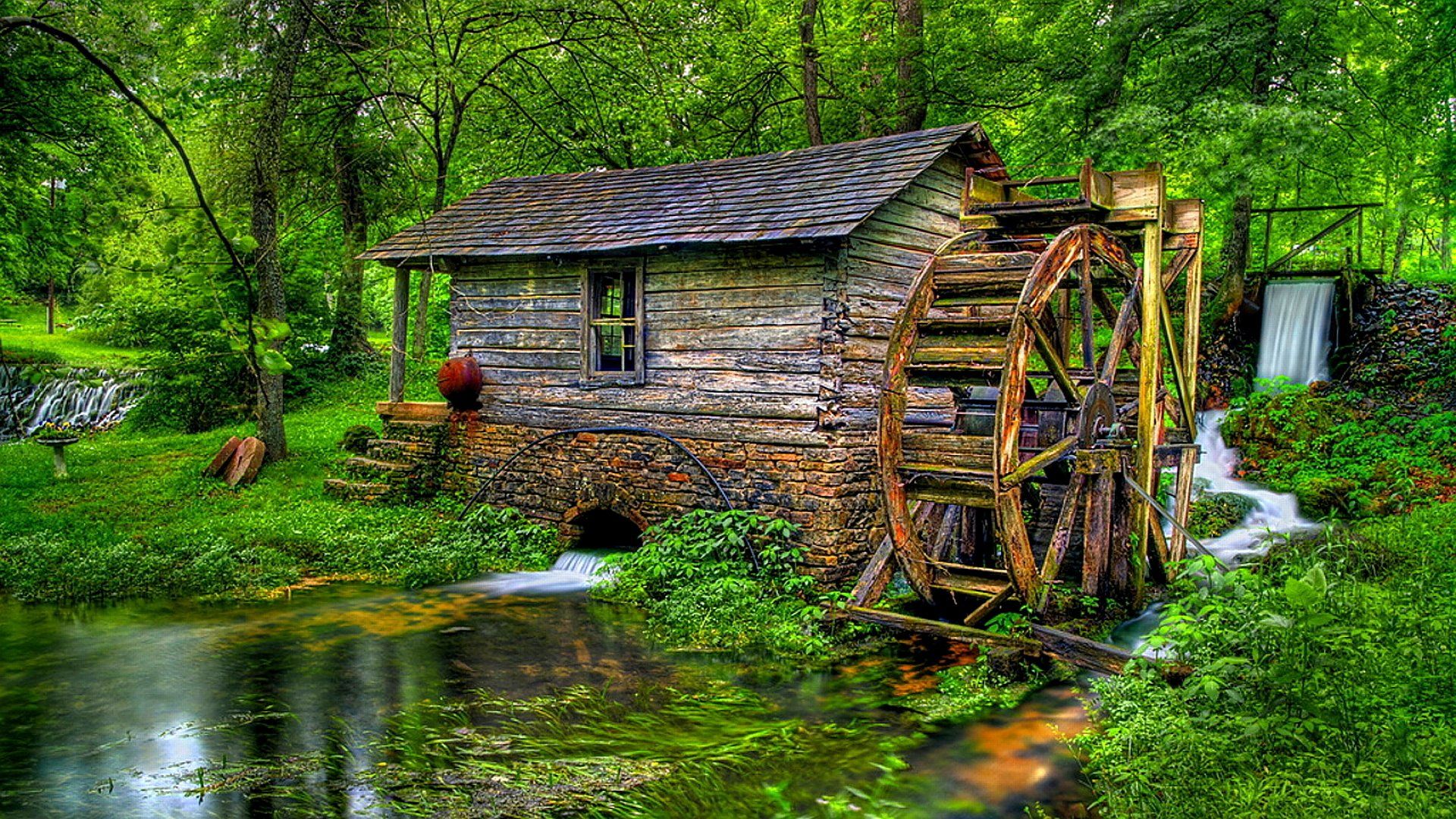 1920x1080 Rustic Watermill Serenity: HD Man Made Nature Harmonyx1080