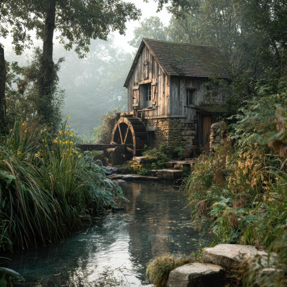 980x980 A water mill in the woods with a stream
