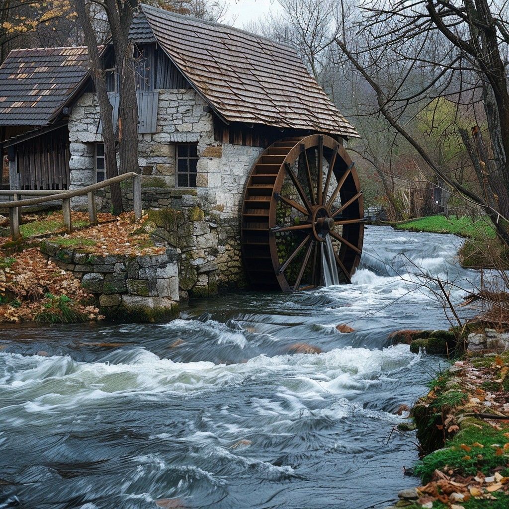1024x1024 Download Rustic Watermill Scene Image, River, Woodland