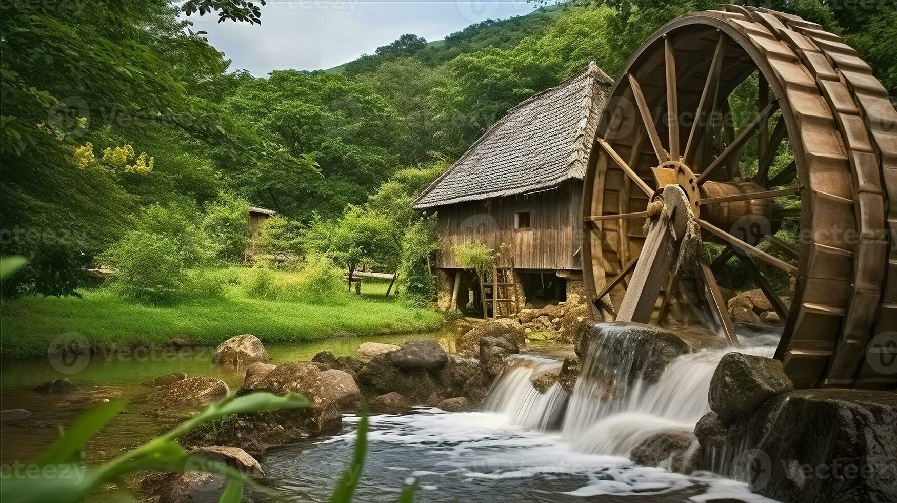 1749x980 The wheel of an old water mill. A village mill, the wheel of which rotates under the influence of the force of water