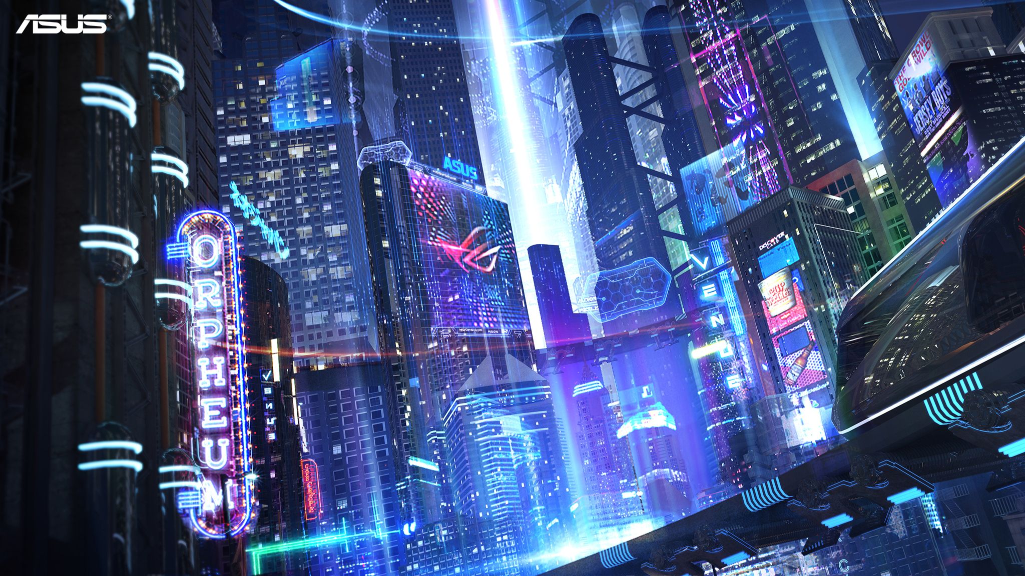 2048x1152 Download ASUS ROG Cyber ​​City, ASUS, ROG, Cyber, City Wallpaper in 2048x1152 Resolution