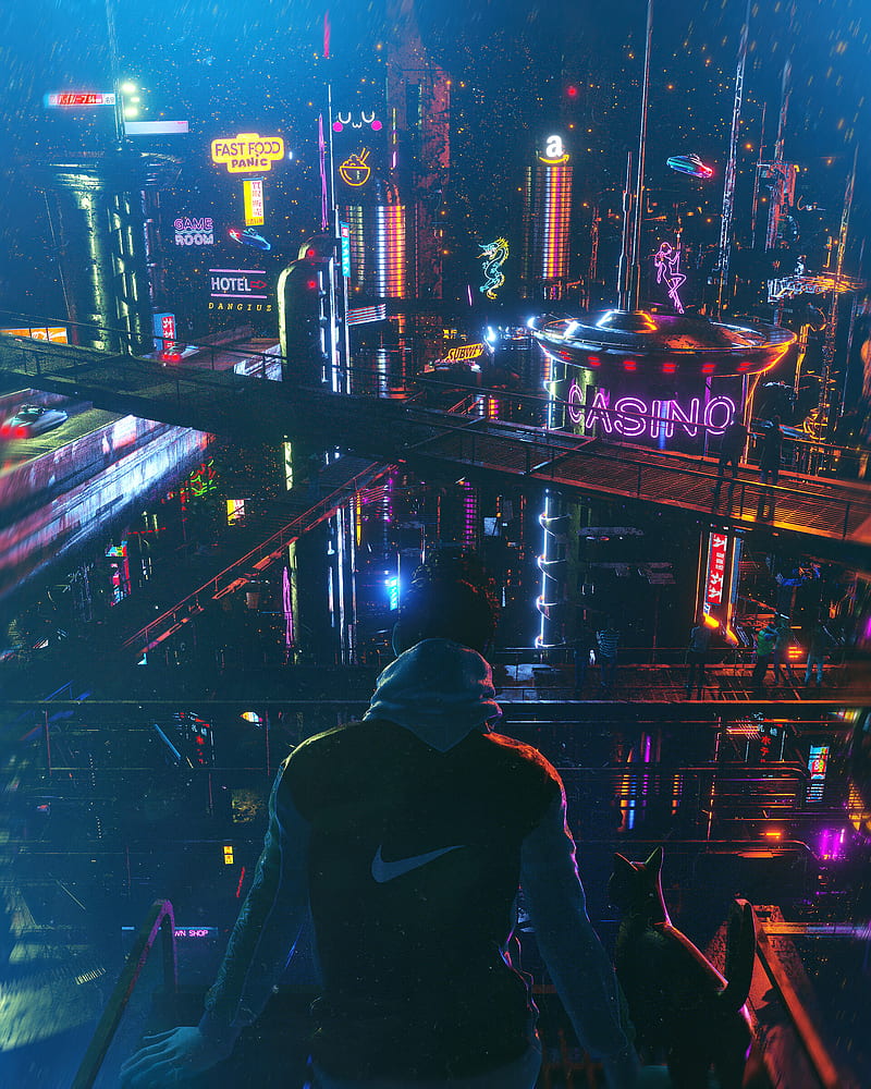 800x1000 Artwork, digital art, cyber city, cyberpunk, cats, HD phone wallpaper