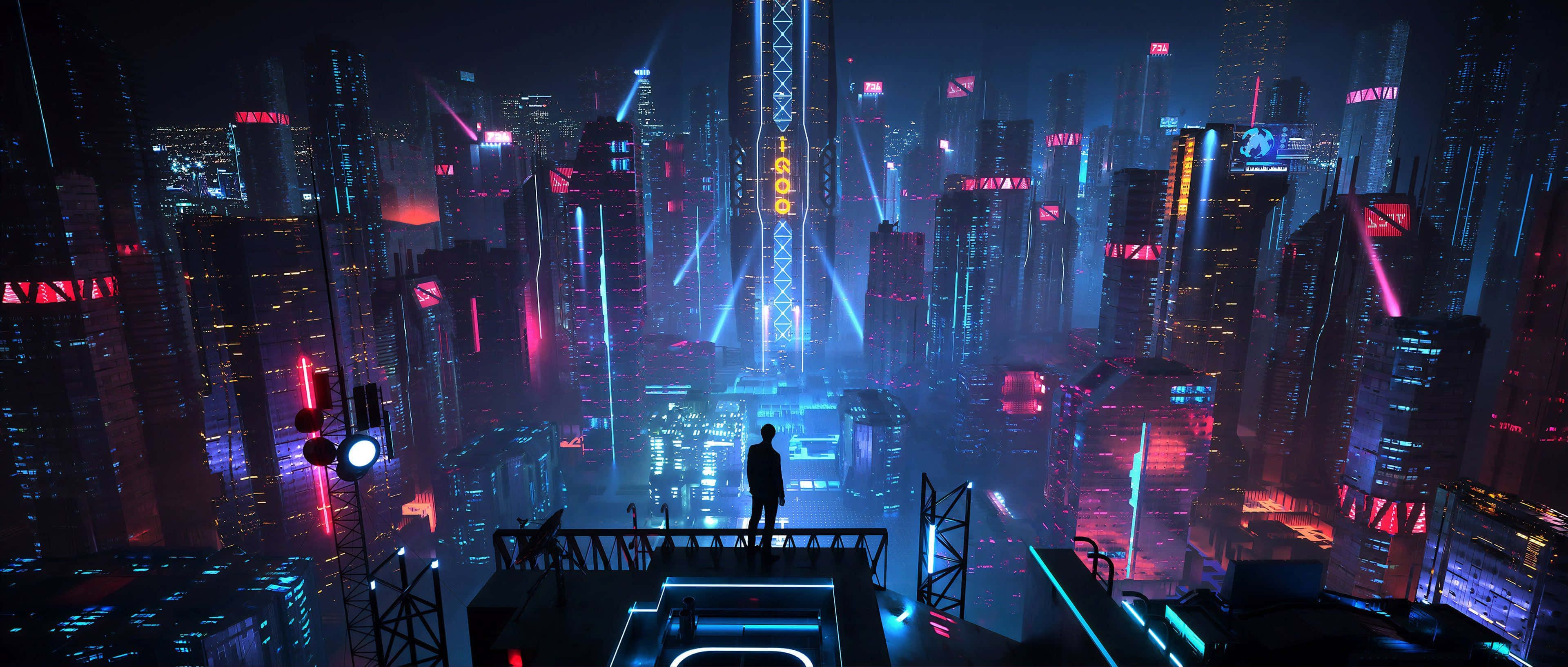 3840x1633 Download “Lost in cyber city” Wallpaper