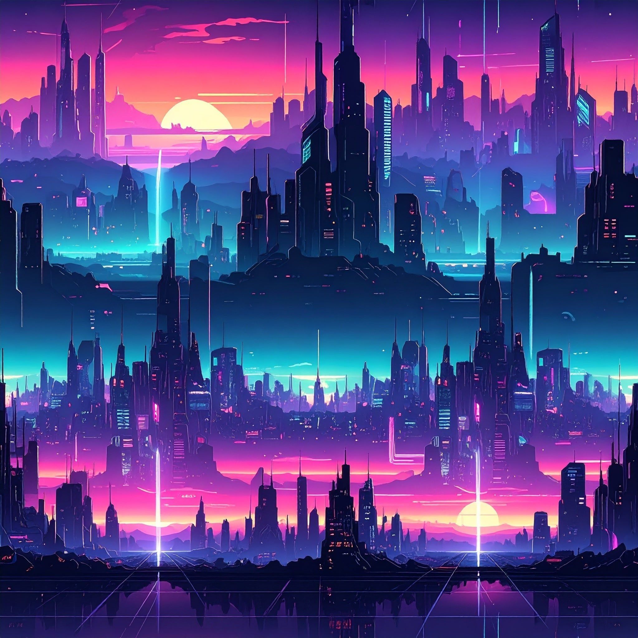 2048x2048 Cyber Space City Grid Wallpaper and Stick Accent Wall