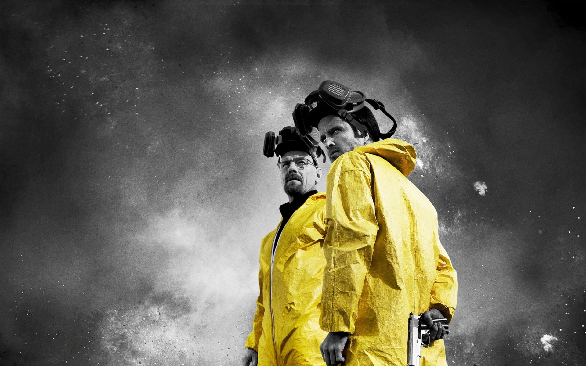 1920x1200 Two man in yellow suit wallpaper, Breaking Bad, selective coloring, Walter White, Jesse Pinkman HD wallpaper