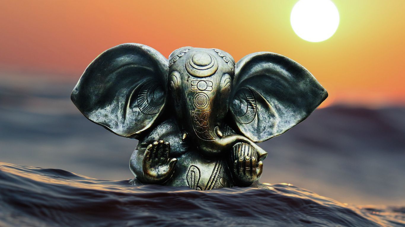 1366x768 Download wallpaper 1366x768 ganesha, elephant, hinduism, figurine, water tablet, laptop HD background