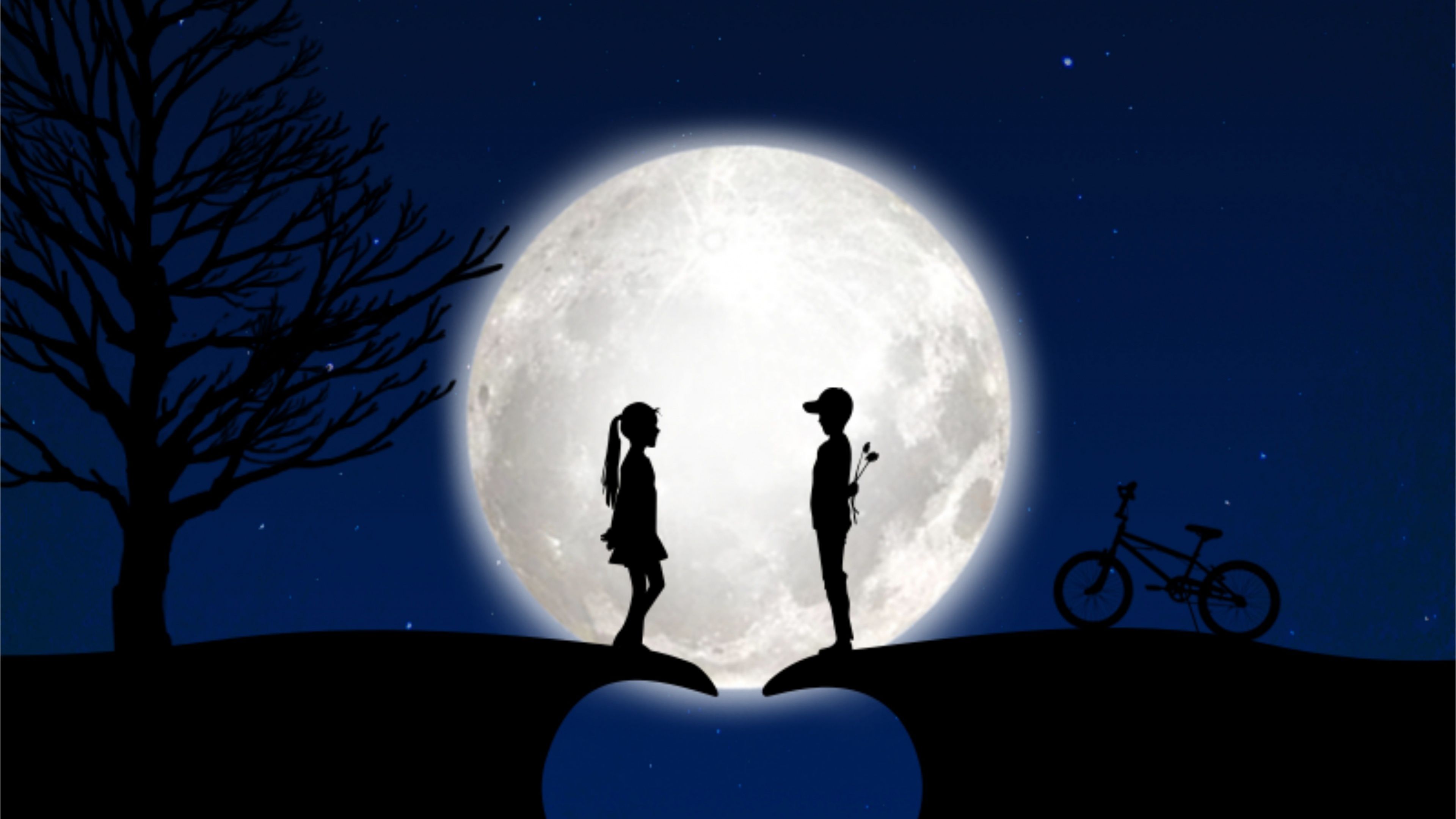 3840x2160 Full moon Wallpaper 4K, Couple, Heart, Blue background