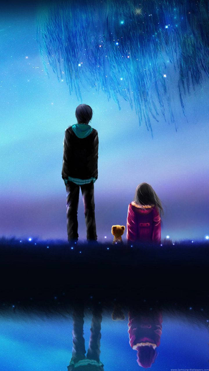 720x1280 Download Cute Couple Cartoon Blue Night Sky Wallpaper