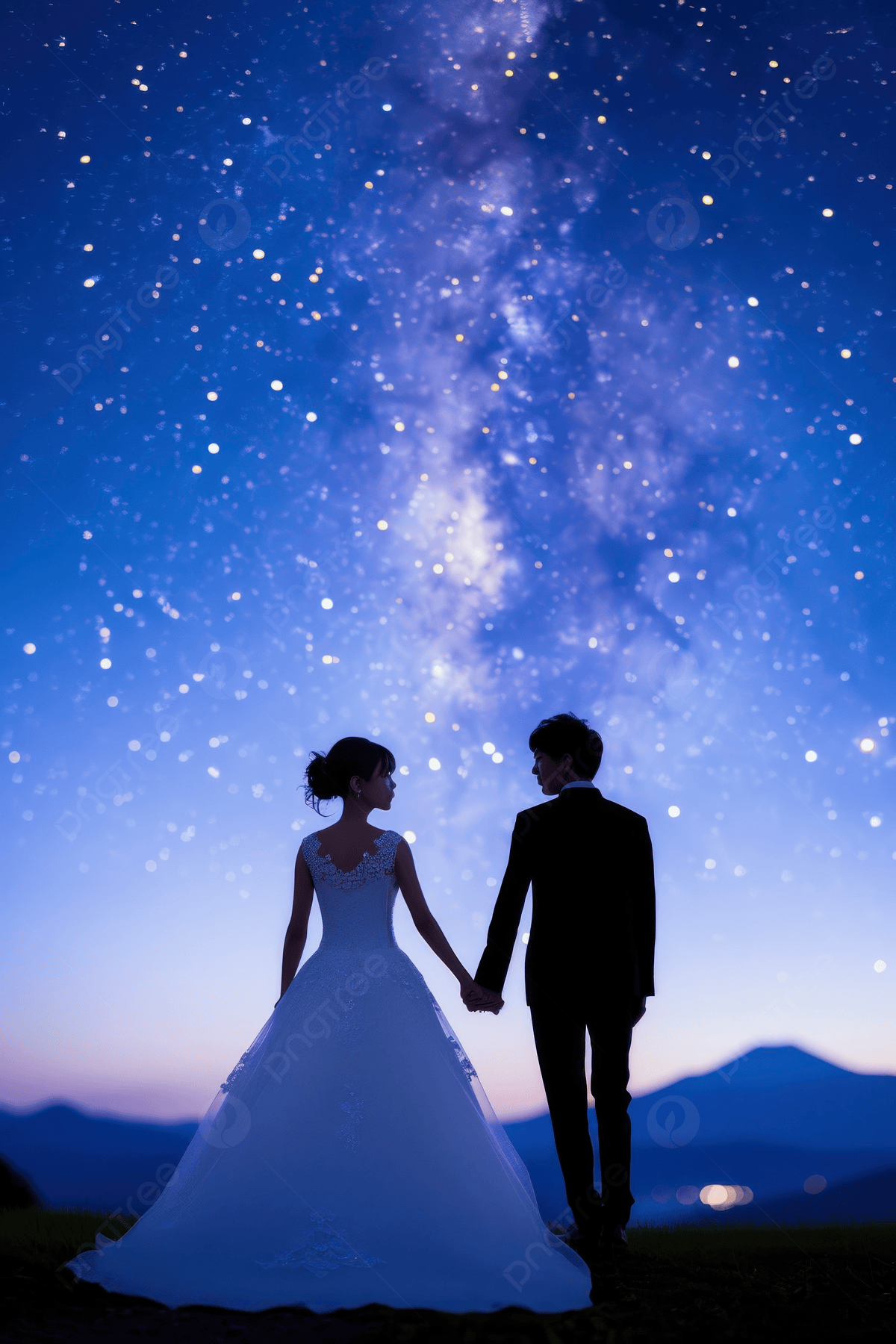 1200x1800 Silhouette Of A Couple Holding Hands Under The Dark Blue Sky Filled With Stars Symbolizing Their Deep Connection In Love And Otherworldly Beauty Background Wallpaper Image For Free Download