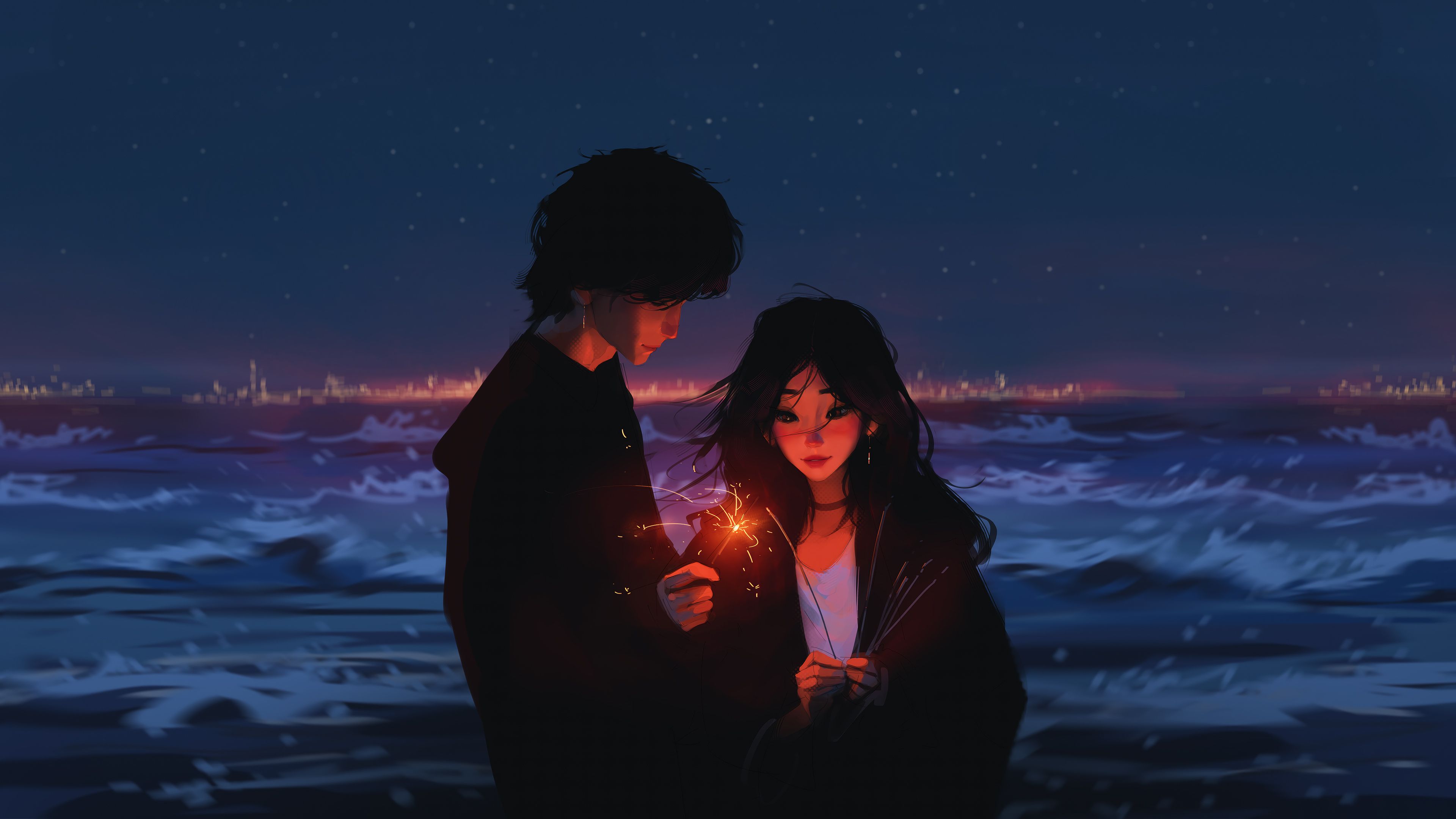 3840x2160 Anime couple with sparklers near the water Desktop wallpaper 1024x768