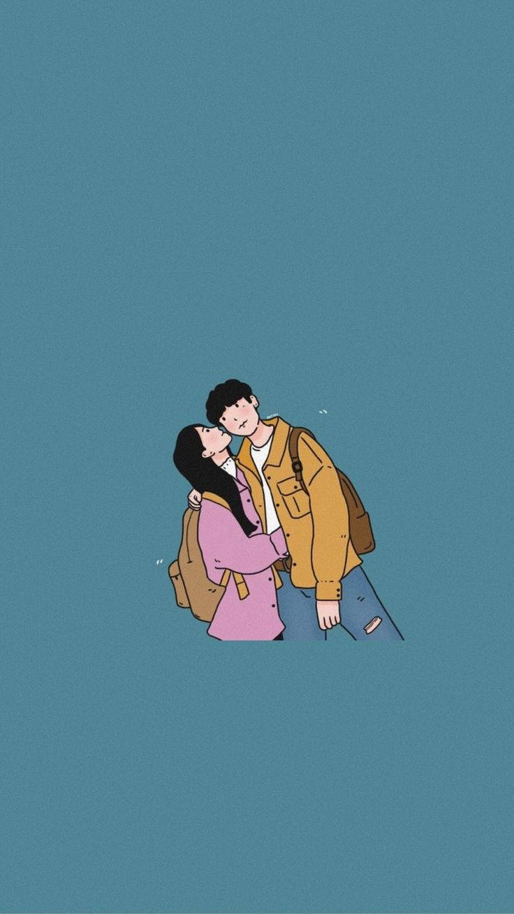 736x1308 Download free Cute Couple Cartoon Blue Green Background Wallpaper