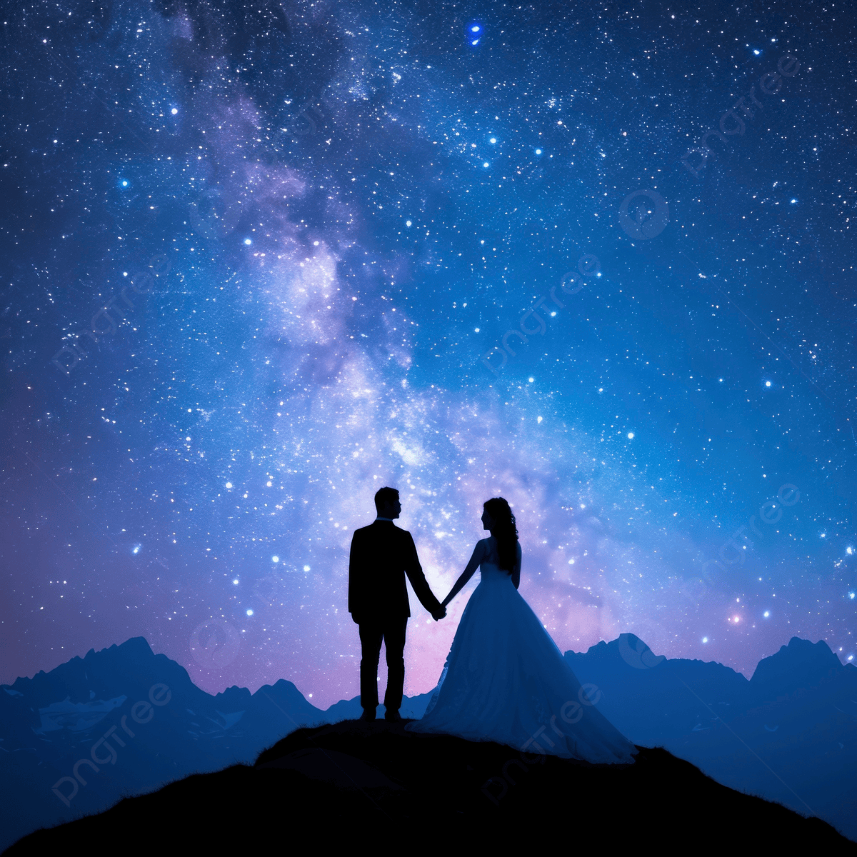 1200x1200 Silhouette Of A Couple Holding Hands Under The Dark Blue Sky Filled With Stars Symbolizing Their Deep Connection In Love And The Otherworldly Beauty, Silhouette, Couple, Sky Background Image And Wallpaper for