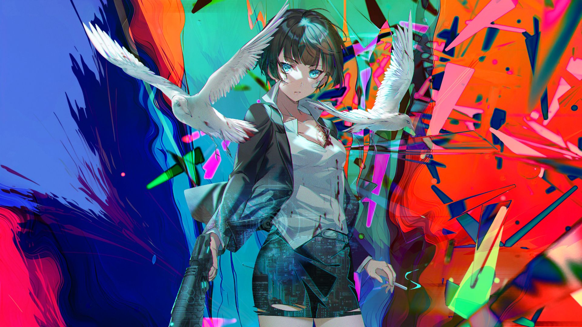 1920x1080 Girls With Guns, Anime Girls, Creative Coding, Tsunemori Akane, Psycho Pass, Gun, Birds, Cigarettes, Smokingx1080 Wallpaper