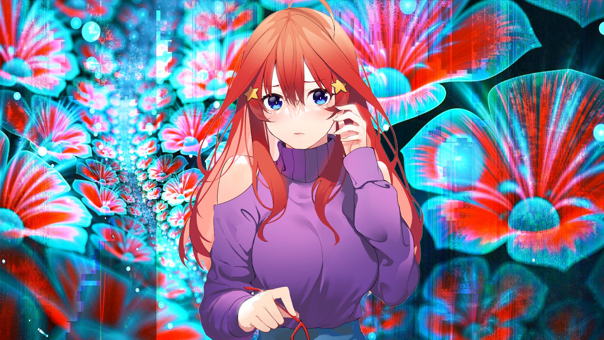 1920x1080 redhead, blue eyes, bare shoulders, anime girls, creative coding, flowersx1080 Wallpaper