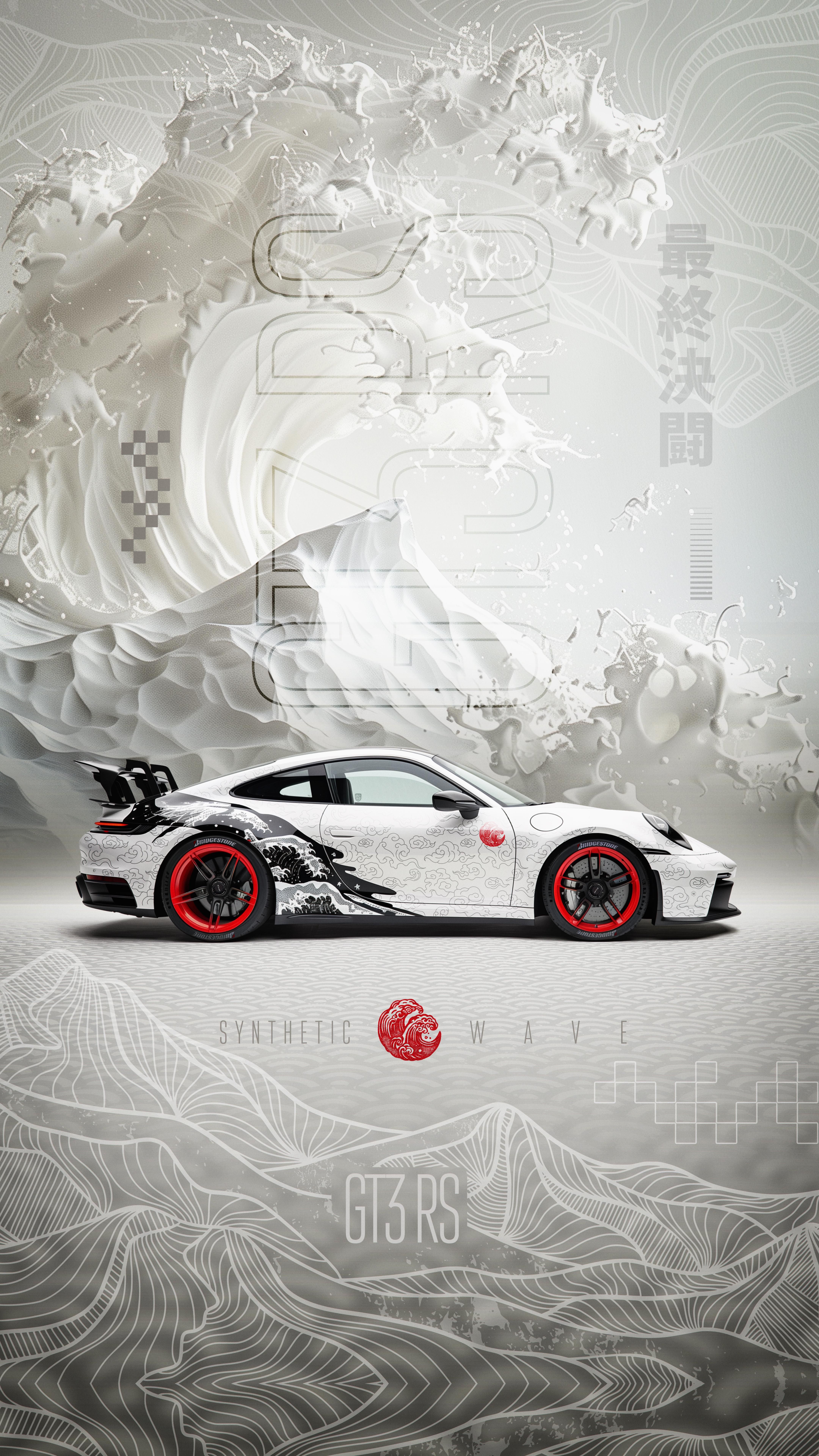 4320x7680 Porsche 911 GT3 RS with Japanese Wave Livery and Red Wheels 4K Mobile Wallpaper