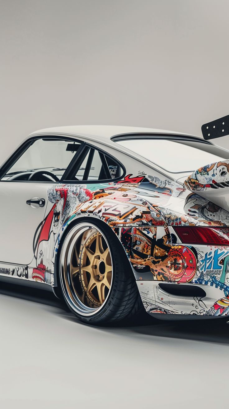 736x1313 White Porsche with Japanese Artwork