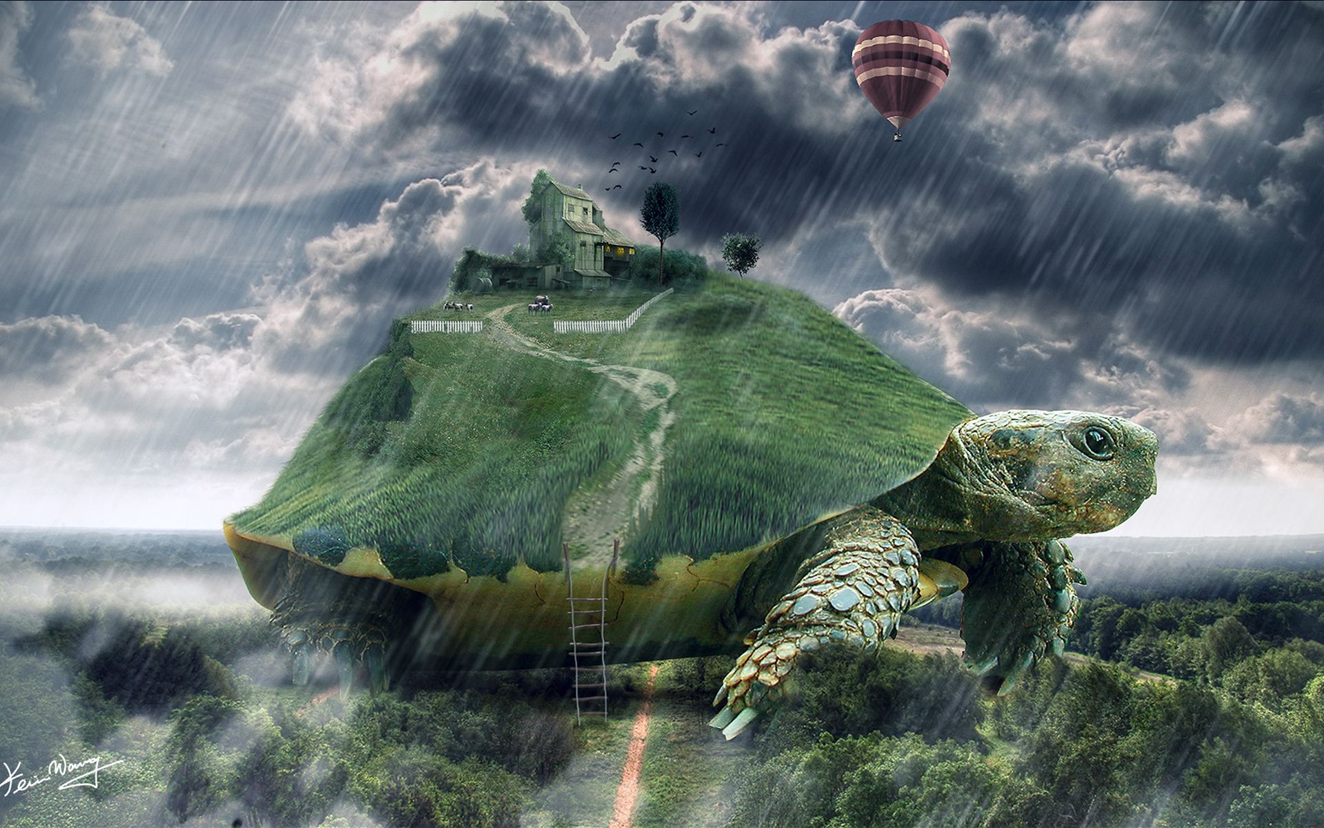 1920x1200 tortoise, Animals, Sheep, Turtle, Islands, Houses, Cg, Dugutal, Art, Fantasy, Landscapes, Rain, Storm, Drops Wallpaper HD / Desktop and Mobile Background