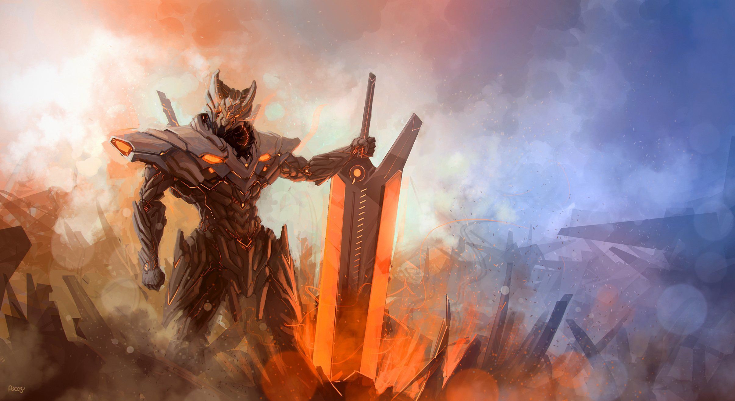 2411x1316 fog, Warrior, Armor, Sword, Energy, Hi tech, Fantasy, Sci fi Wallpaper HD / Desktop and Mobile Background
