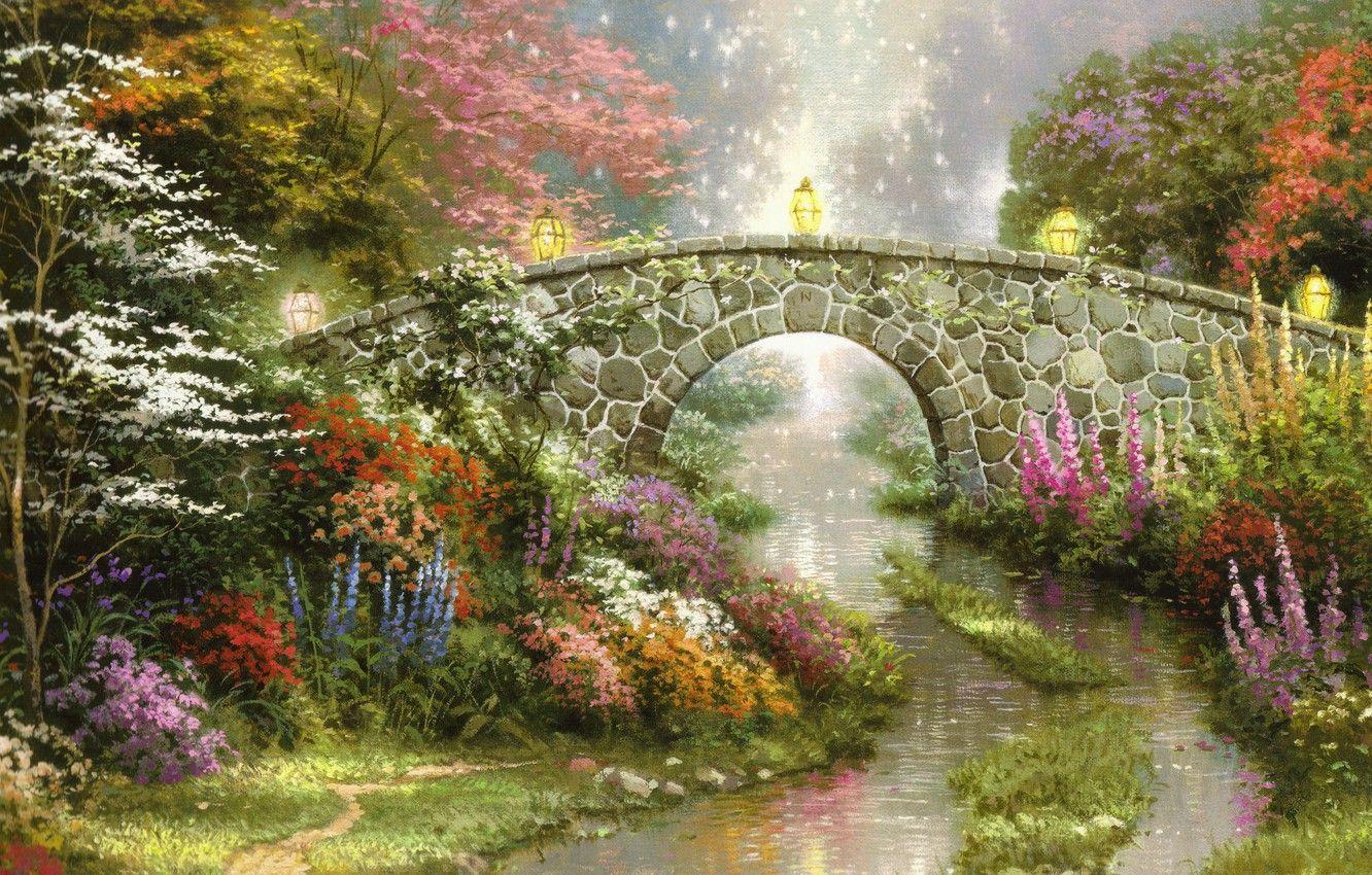 1332x850 Wallpaper flowers, bridge, nature, magic, lights, beautiful, magic, painting, nature, bridge, flowers, beautiful, Thomas Kinkade, painting, Thomas Kinkade, lamps image for desktop, section живопись