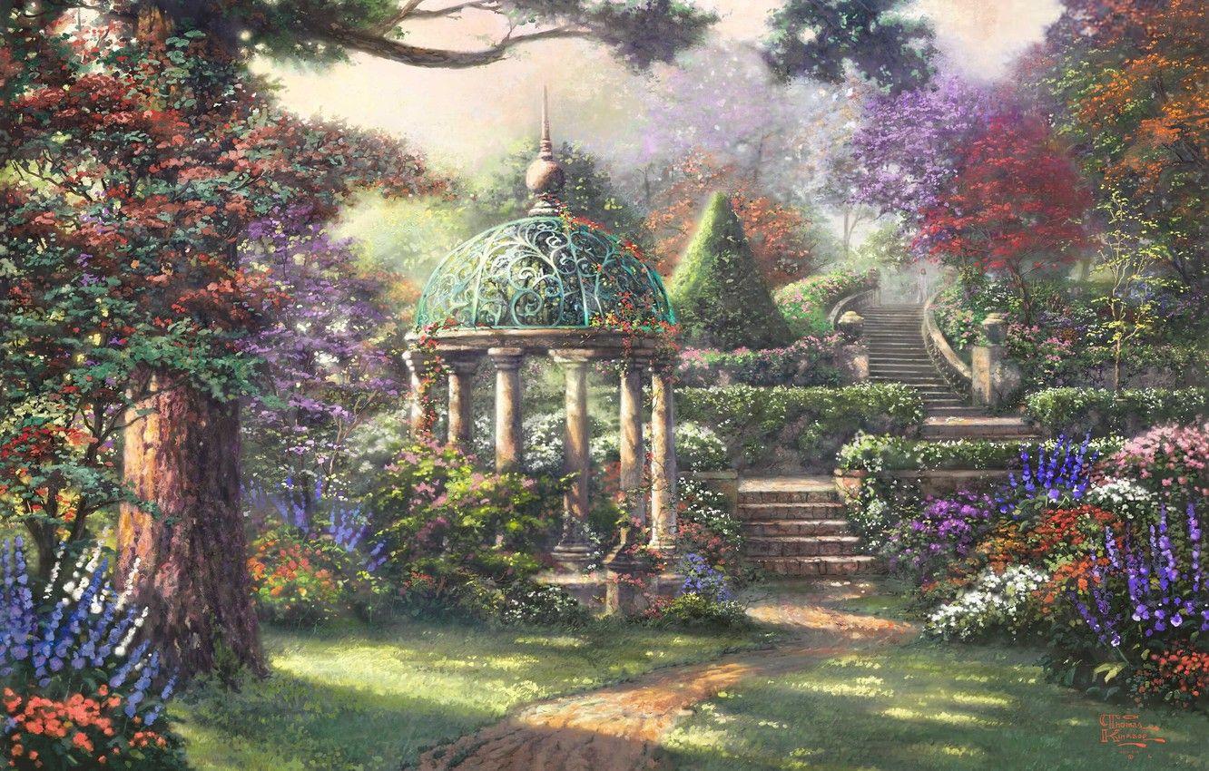 1332x850 Wallpaper forest, trees, landscape, flowers, painting, Thomas Kinkade, Gazebo of Prayer, gazebo image for desktop, section живопись