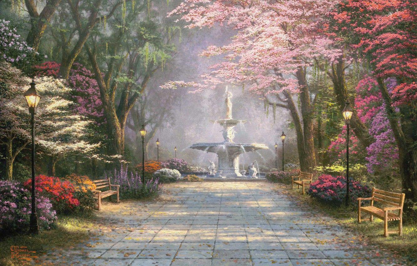 1332x850 Wallpaper flowers, Park, lights, lantern, fountain, painting, alley, painting, Thomas Kinkade, Kinkade, Azalea, Mimosa, dogwood, Savannah Romance image for desktop, section живопись