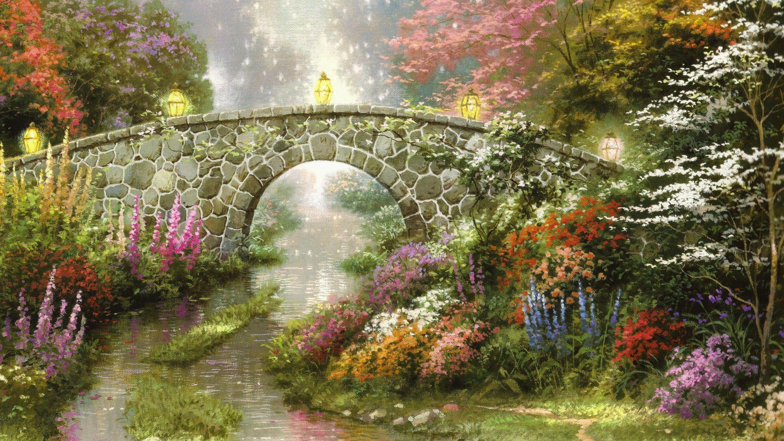 2560x1440 Thomas Kinkade, Painting, Bridge, Flowers, Stream, Lantern Wallpaper HD / Desktop and Mobile Background