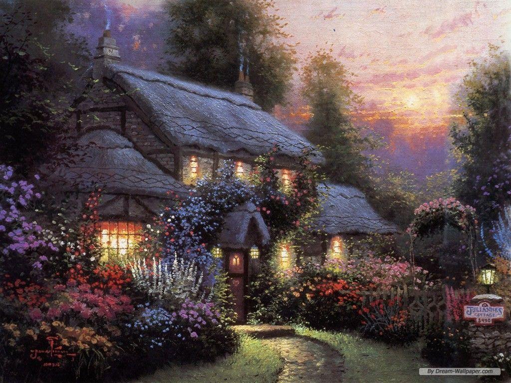 1024x768 Free Wallpaper Nature wallpaper Kinkade wallpaper. Kinkade paintings, Thomas kinkade cottage, Thomas kinkade paintings
