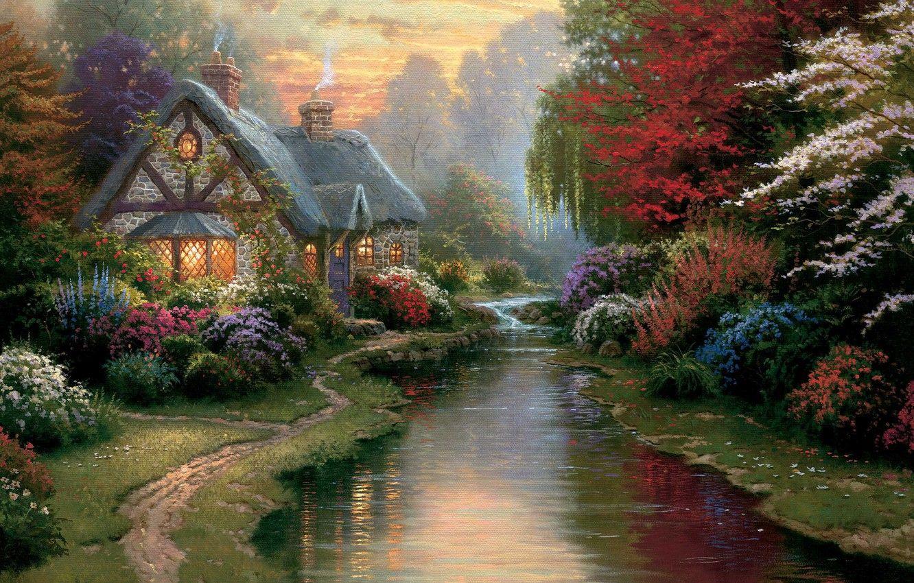 1332x850 Wallpaper light, sunset, flowers, stream, the evening, painting, cottage, path, stone, painting, Thomas Kinkade, Kinkade, A Quiet Evening image for desktop, section живопись