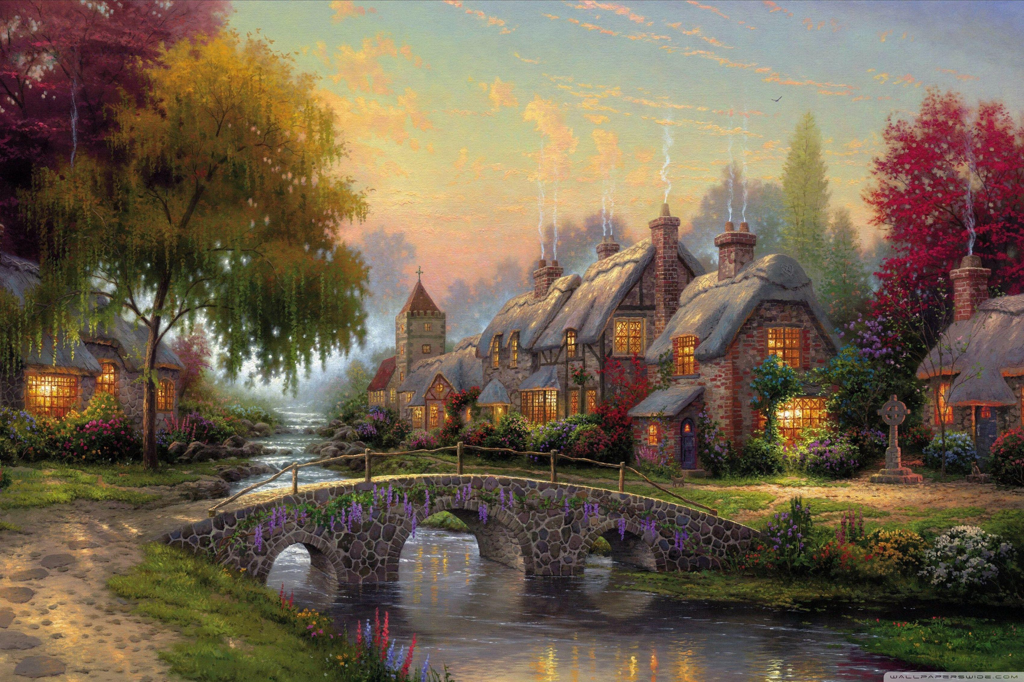 3402x2268 Home decoration cobblestone bridge by thomas kinkade wallpaper Silk Fabric Poster Print YS24. poster print. thomas kinkadethomas kinkade wallpaper