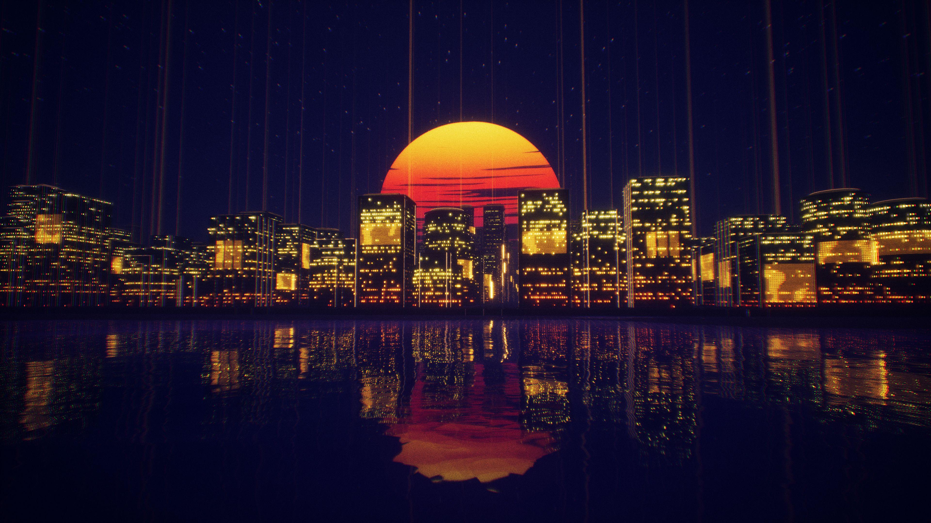 3840x2160 Abstract City Retro Sunset Night 4k, HD Artist, 4k Wallpaper, Image, Background, Photo and Picture
