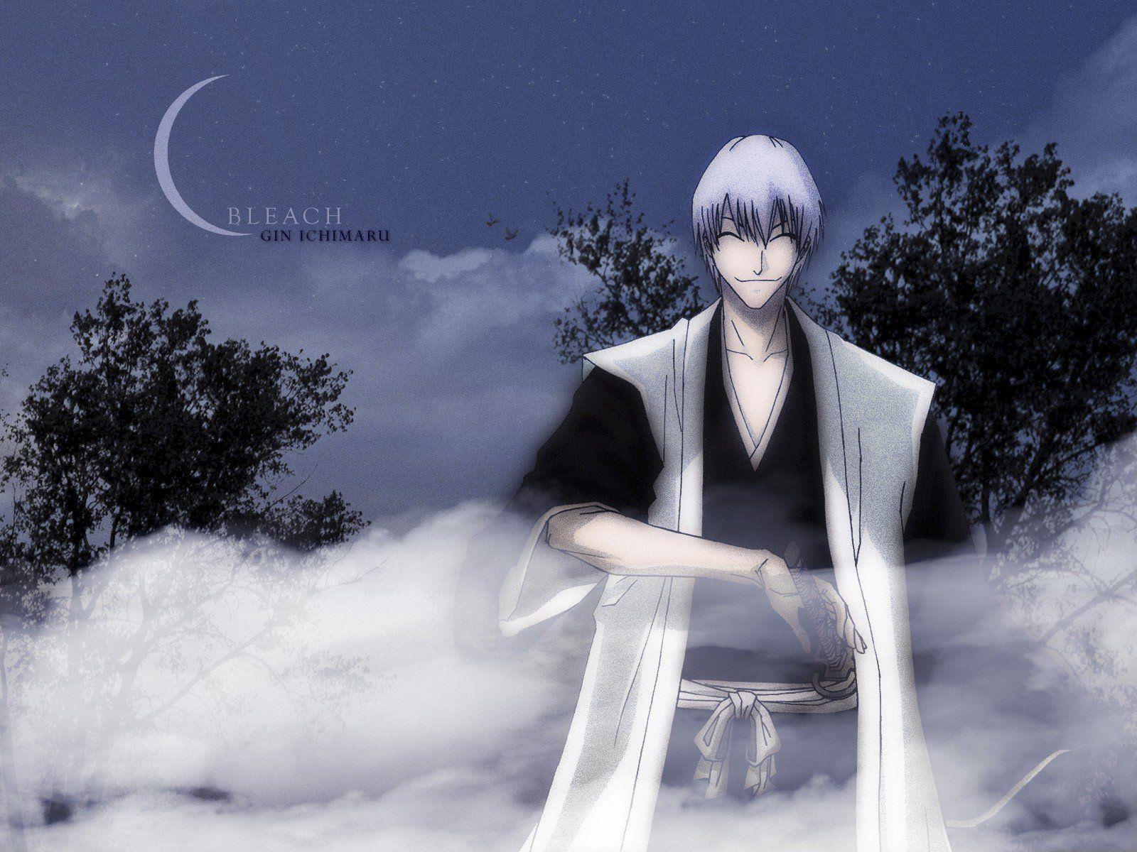 1600x1200 Trees Bleach Moon fog captain Ichimaru Gin closed eyes crescent silver hair wallpaperx1200