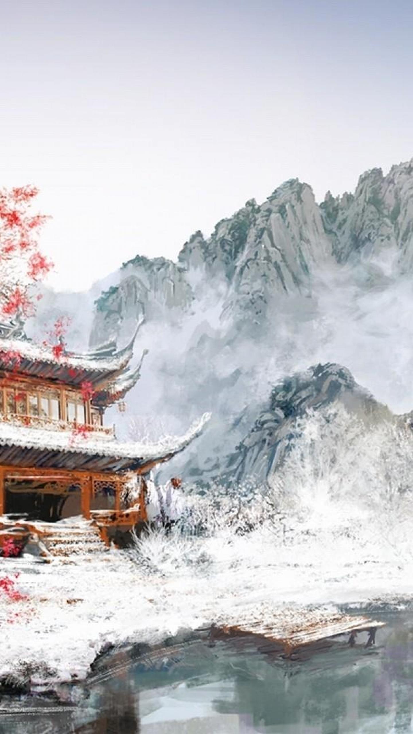 1440x2560 Painting Mountain Cherry blossom White Japan Winter Snow HD