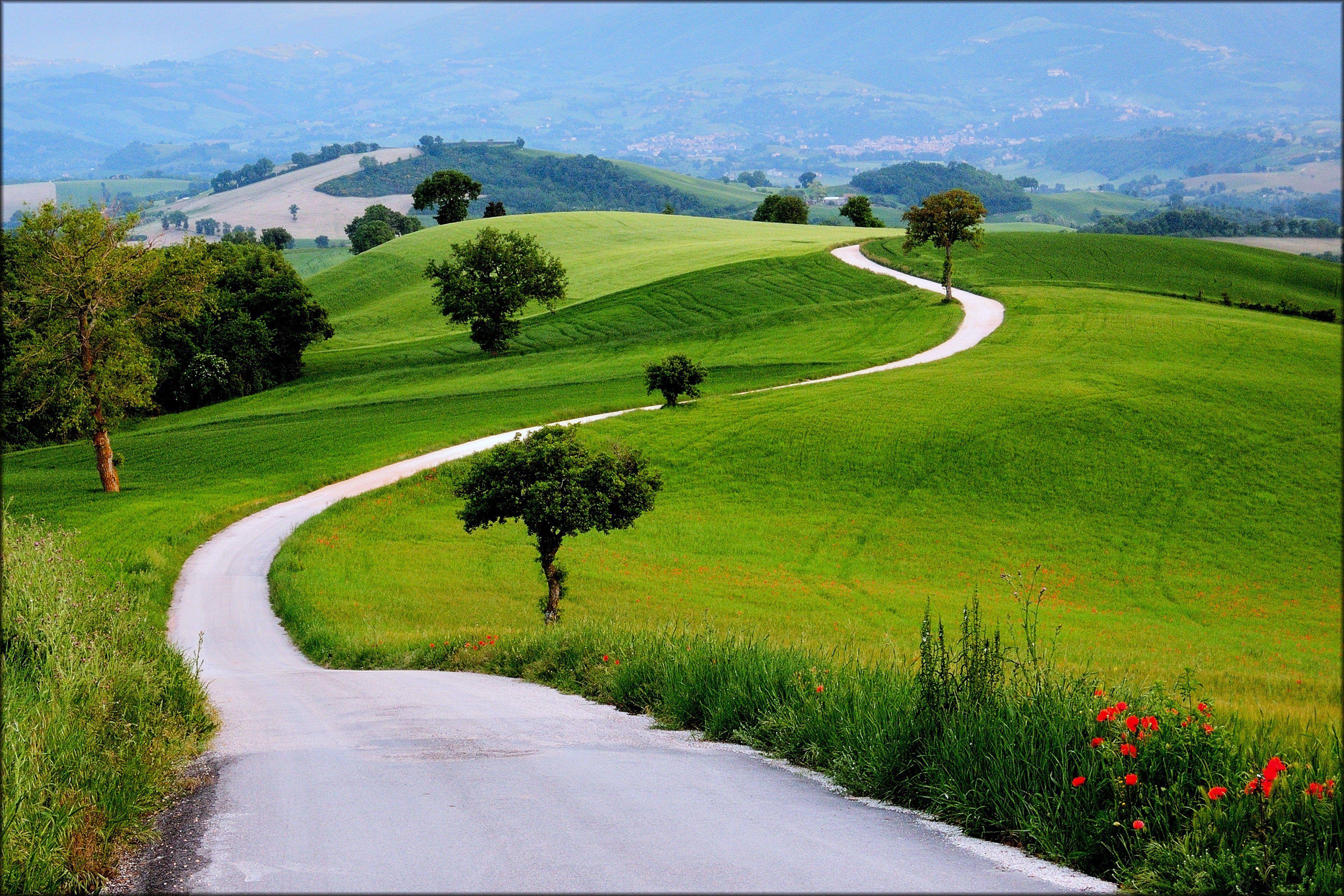 3840x2560 Landscapes nature earth way road path trees green grass hills spring mountains wallpaperx2560