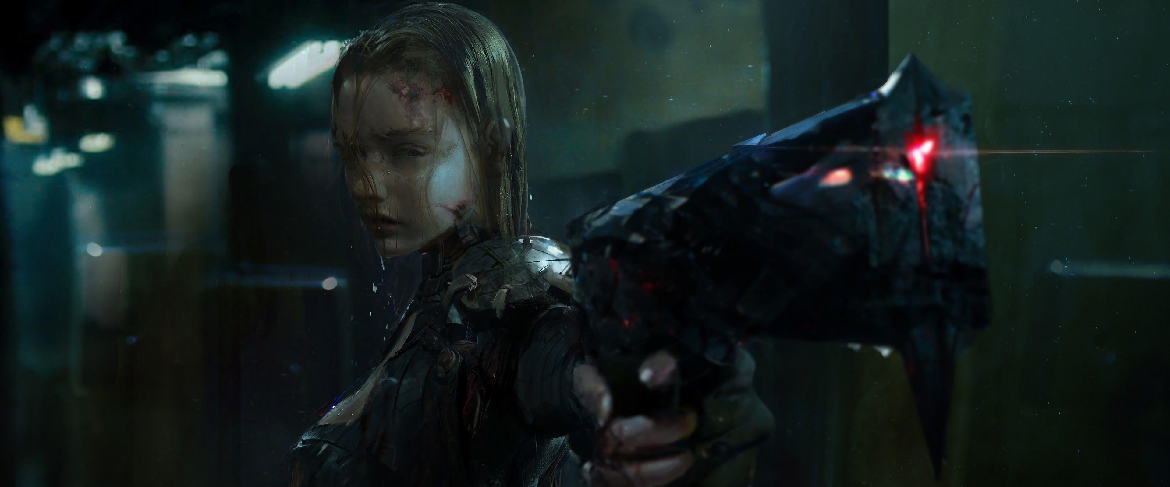 3840x1600 Cyberpunk Girl Pistol Sci Fi 4K Wallpaper