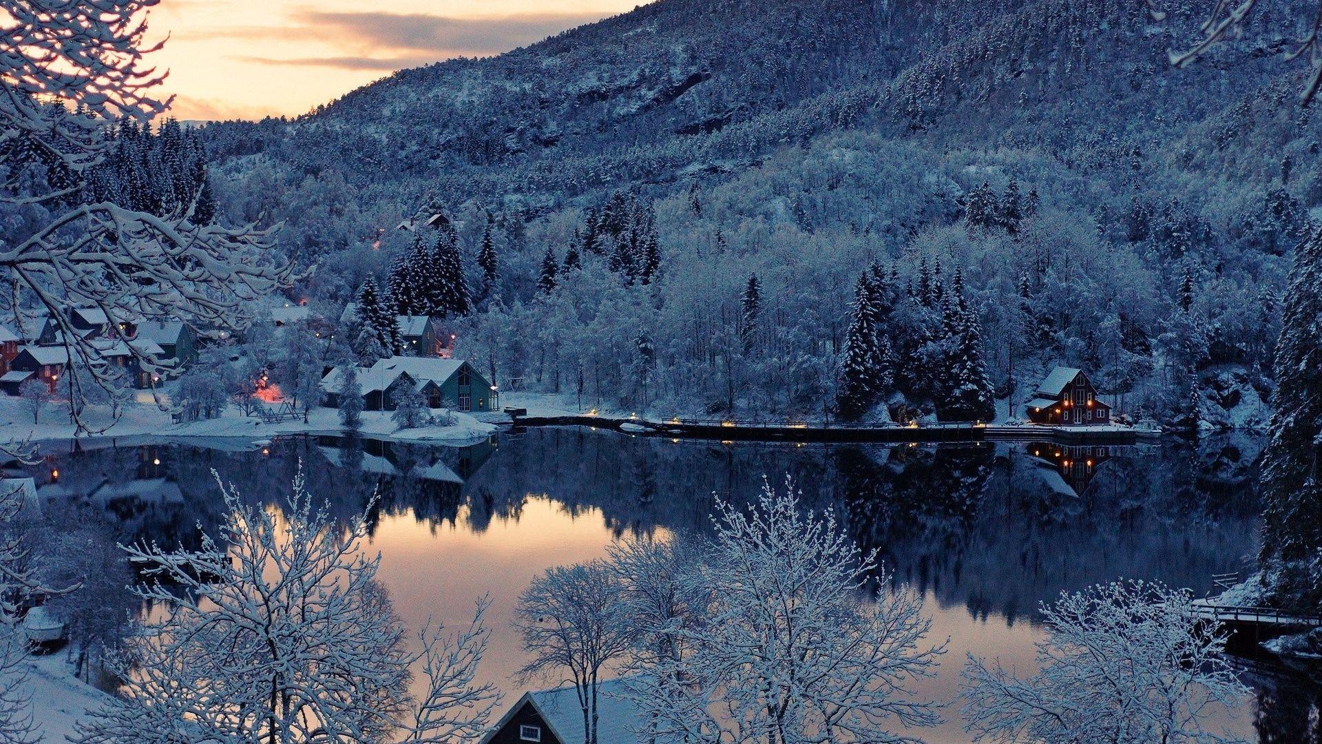 1920x1080 Snow Forest Houses & Lake desktop PC and Mac wallpaper