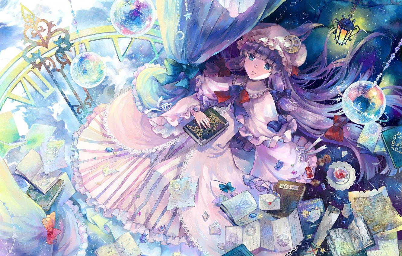 1332x850 Wallpaper girl, planet, books, anime, art, touhou, patchouli knowledge, letters, gene e book image for desktop, section прочее