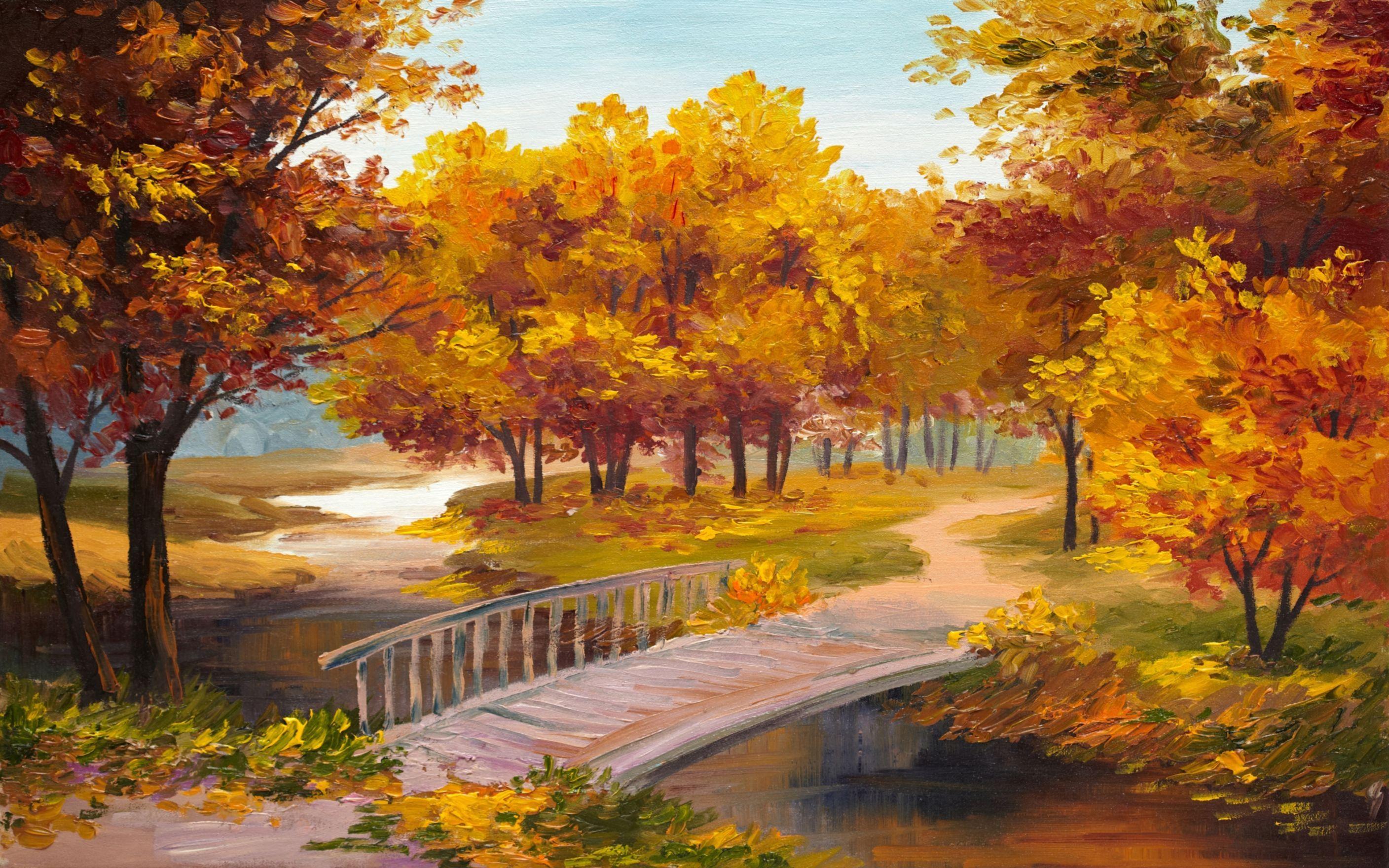 2816x1760 Pictorial Art Autumn Parks Bridges Pond Wallpaper: Desktop HD