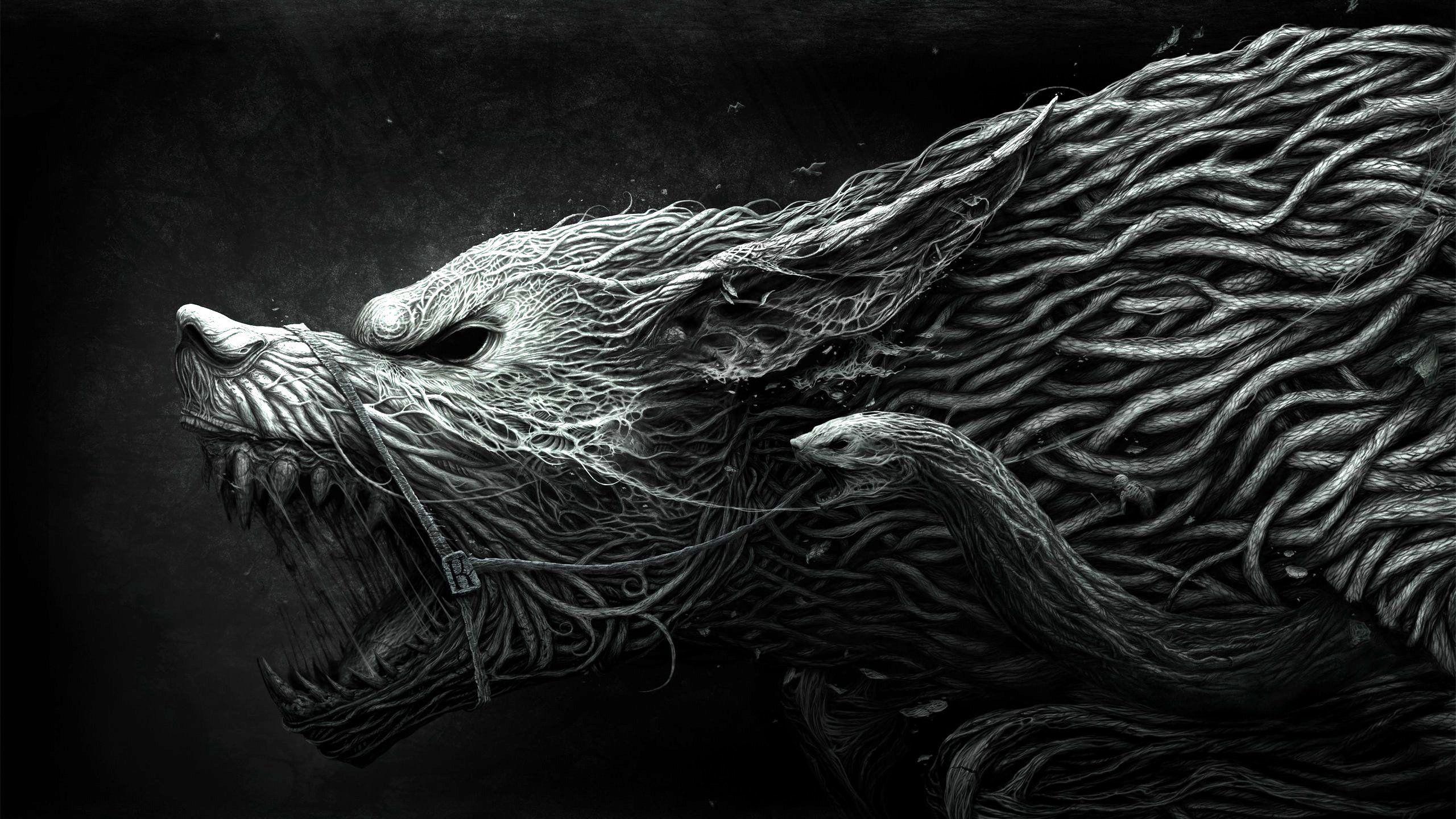 2560x1440 Download wallpaper 2560x1440 wolf, teeth, drawing, aggression, black, white widescreen 16:9 HD background