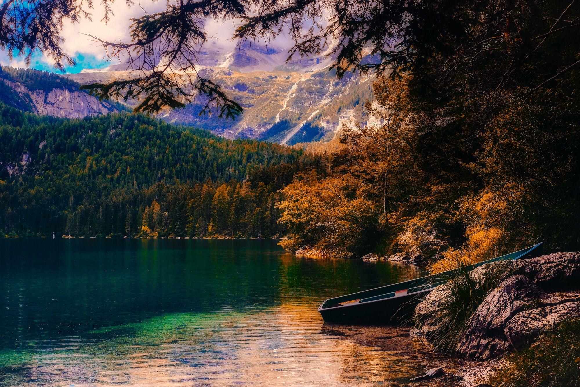 2000x1333 Countryside Beautiful Autumn Season Sunset Boat Landscape Moutains 1366x768 Resolution HD 4k Wallpaper, Image, Background, Photo and Picture