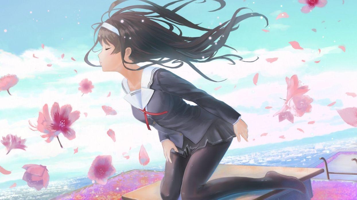 1244x700 Akibakeisena black hair clouds flowers headband kasumigaoka utaha long hair pantyhose saenai heroine no sodatekata seifuku water wallpaperx1080