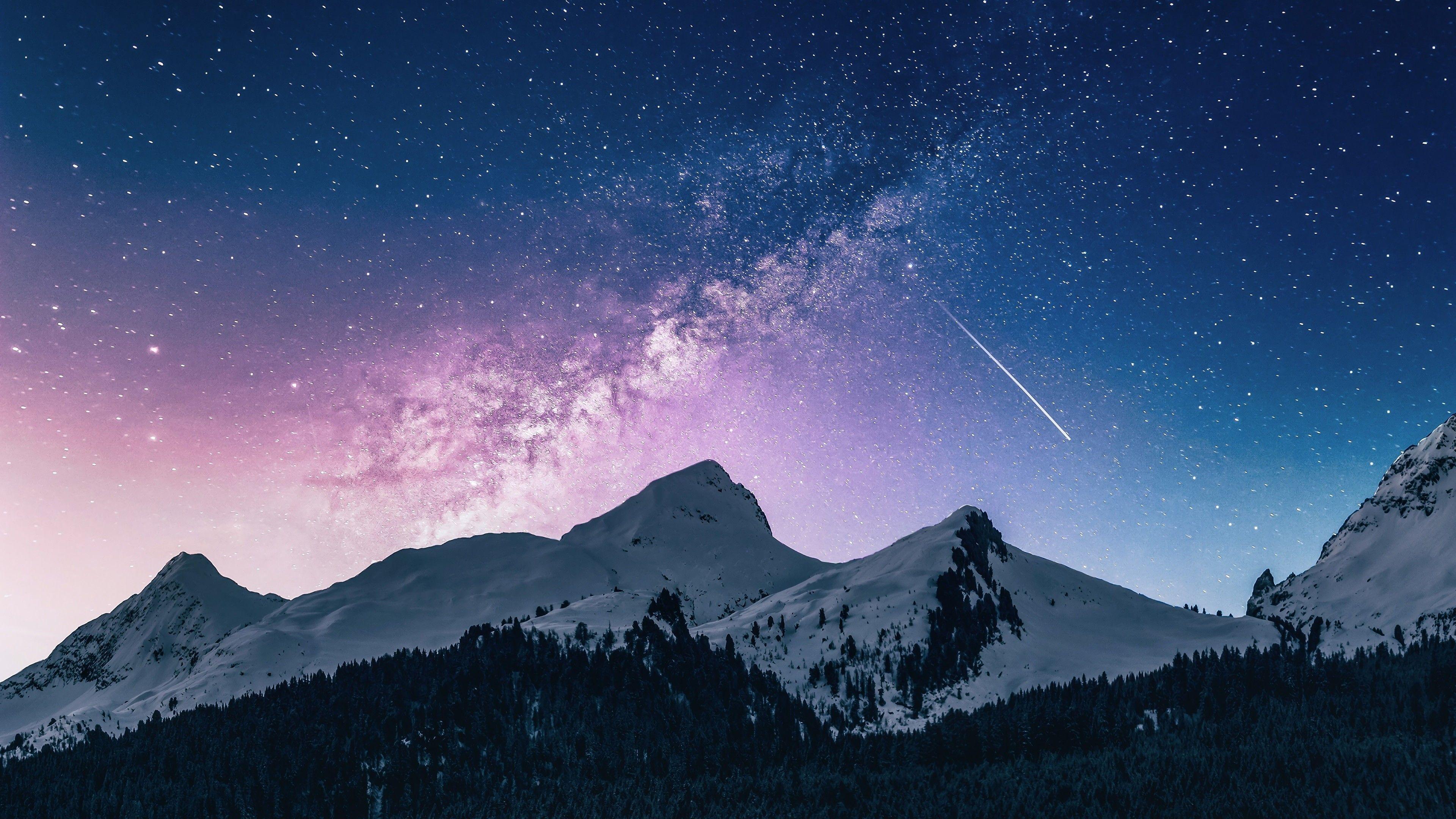 3840x2160 Snowy mountains sky with stars and comet Wallpaper 4k Ultra HD