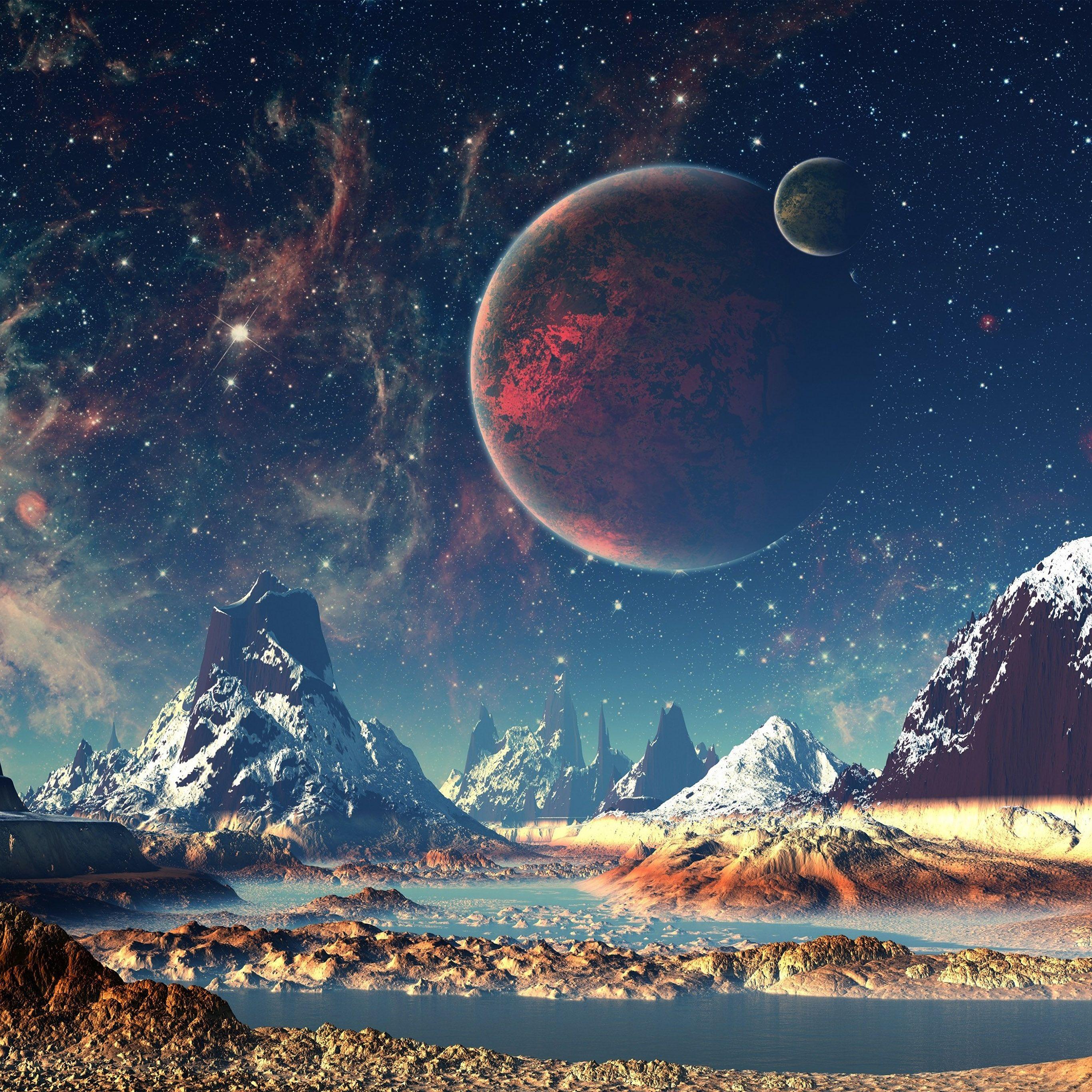 2732x2732 Dream Space World Mountain Sky Star Illustration Wallpaper
