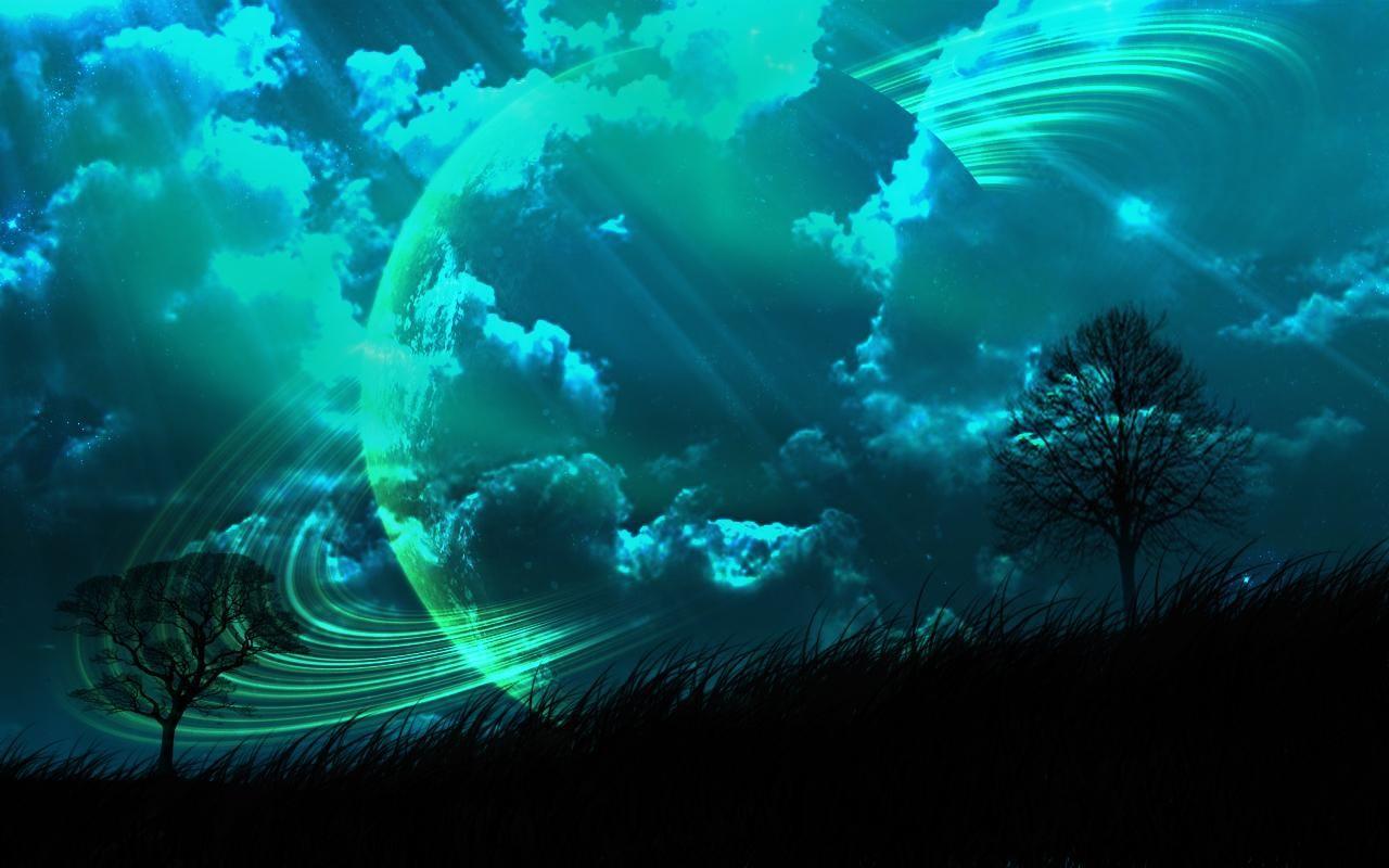 1280x800 abstract, landscapes, outer space, trees, planets, rings, digital art wallpaper