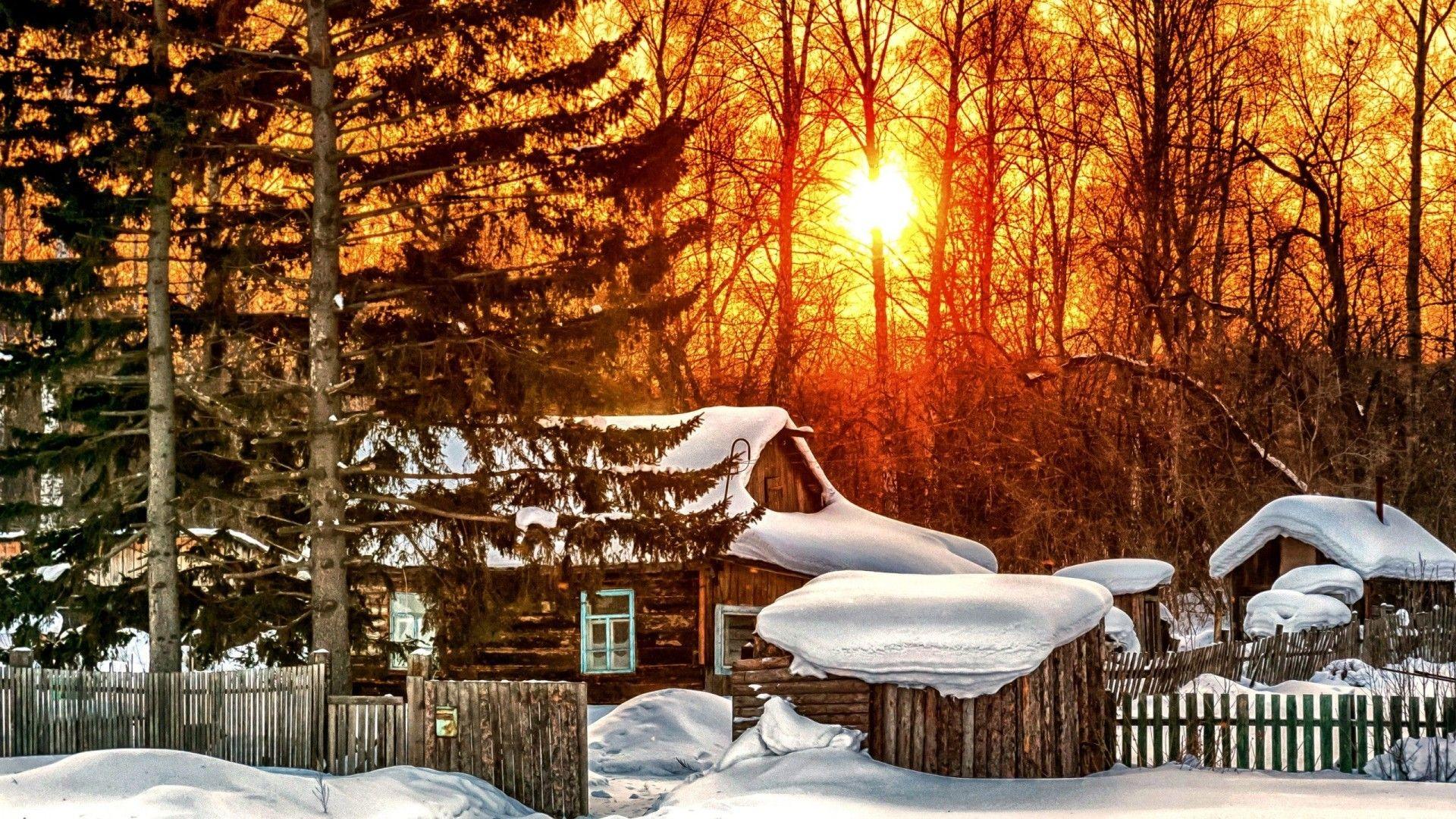 1920x1080 Snow, Forest, House, Sunrise, Full, Screen, HD, Wallpaper, HD Image, Cool Image, Display, 1920x1080