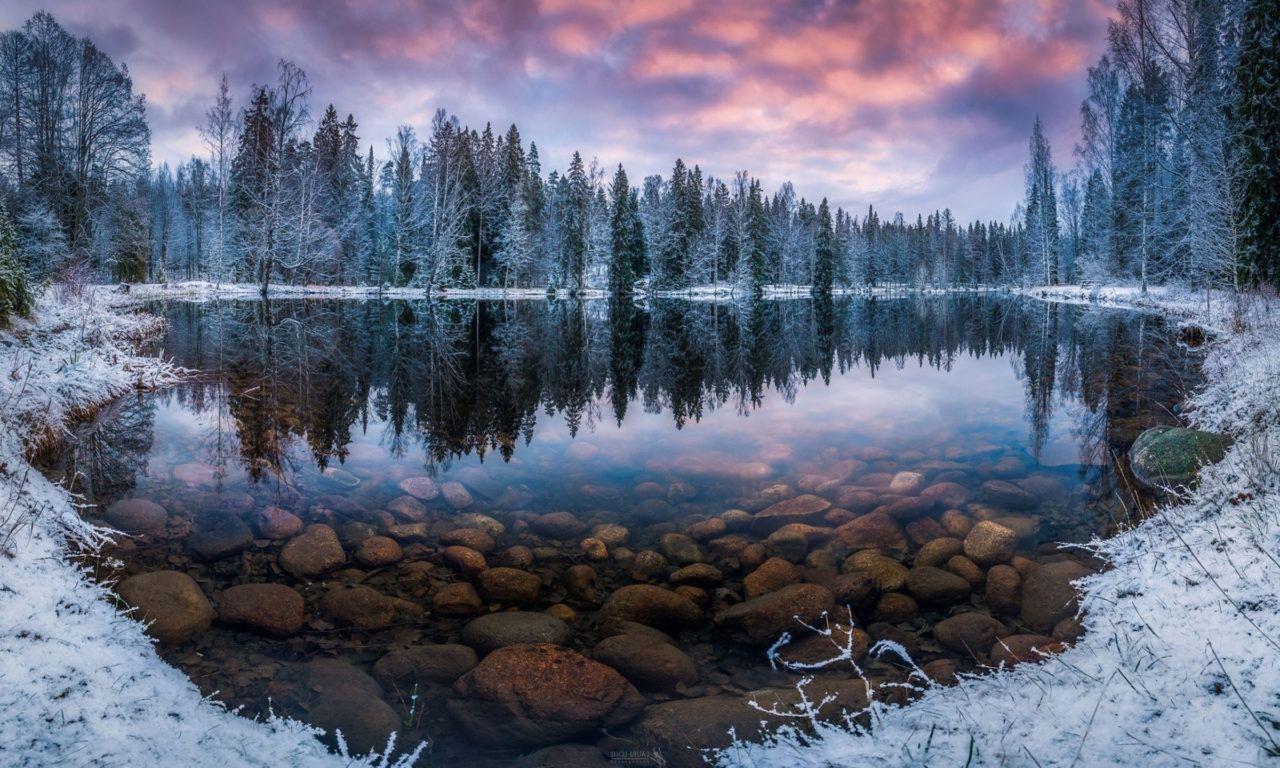 1280x768 Finland Nature Landscape Winter Snow Morning Sunrise Forest Lake Reflection Transparent Water Stones HD Wallpaper 2560x1440 :