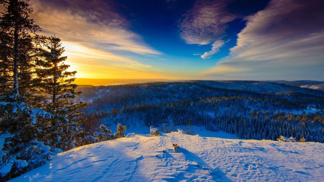 1244x700 Sunrise sun sky clouds winter snow trees forest nature landscape hills wallpaperx1152