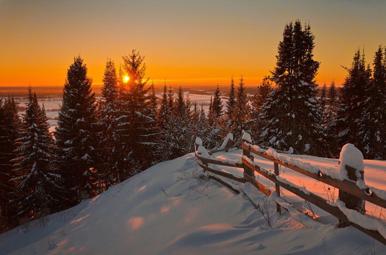1280x847 Picture Winter Nature Snow Fence forest Sunrises and sunsets